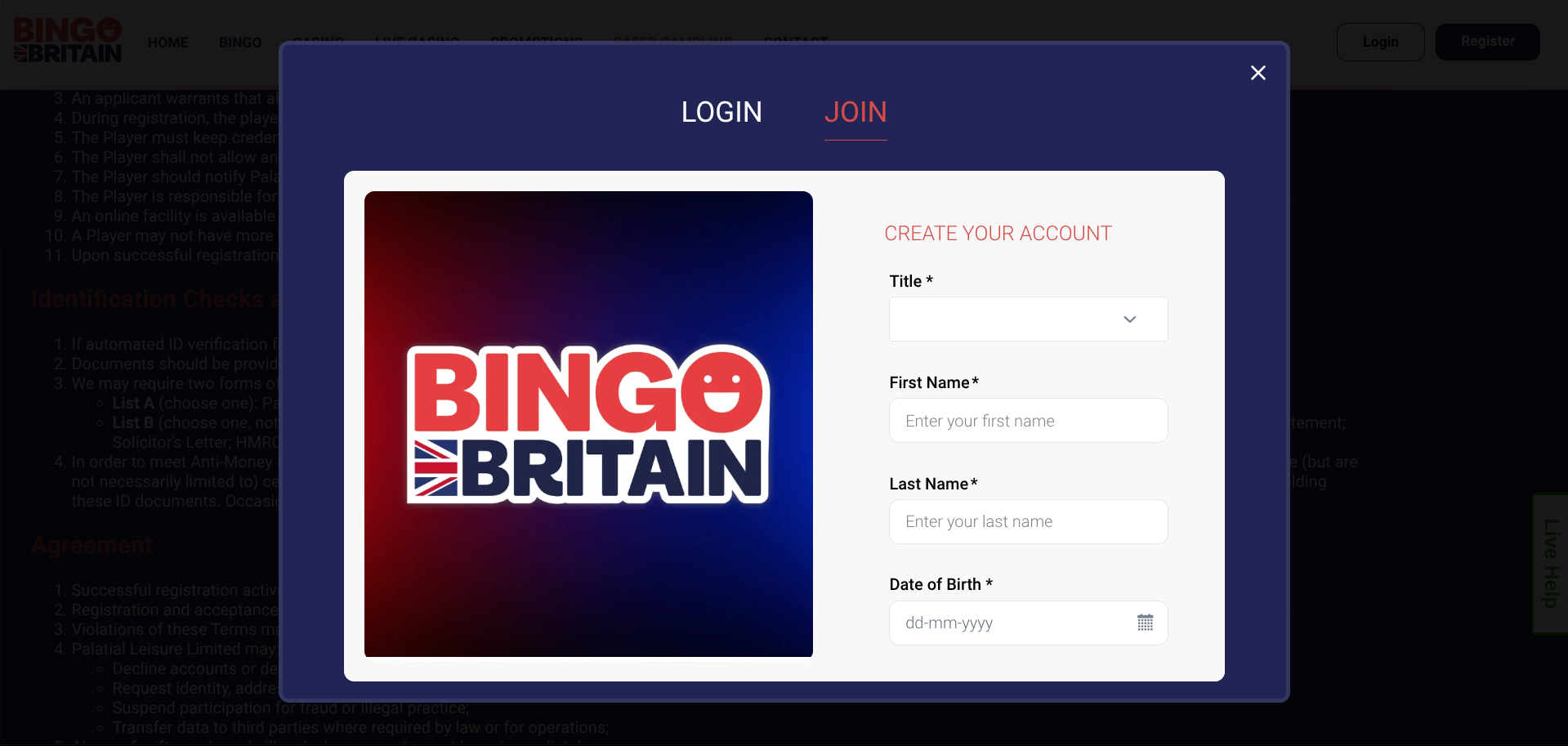 Bingo Britain's registration form