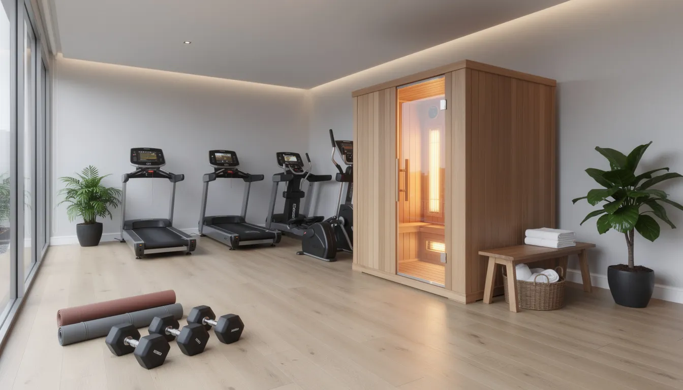 The image depicts a modern home gym or wellness room featuring a sleek wooden infrared sauna as the centerpiece, highlighting the therapeutic benefits of infrared sauna therapy. This inviting space suggests a focus on health and wellness, with the sauna providing infrared heat for improved circulation and skin health during sauna sessions.