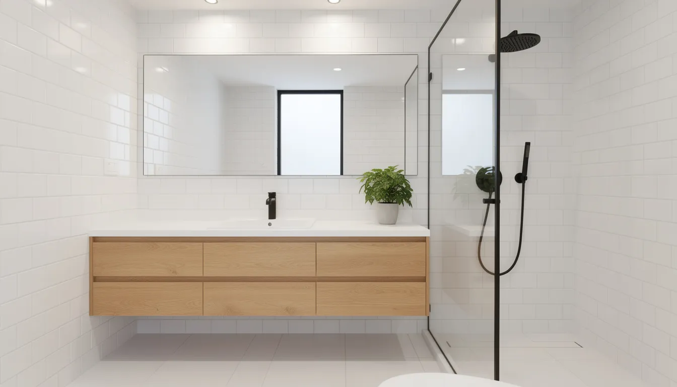 The image depicts a completed modern bathroom featuring sleek white tiles and a stylish wooden vanity, showcasing a well-planned bathroom renovation. This functional space highlights quality materials and contemporary design, making it an ideal setting for a luxury bathroom renovation project.