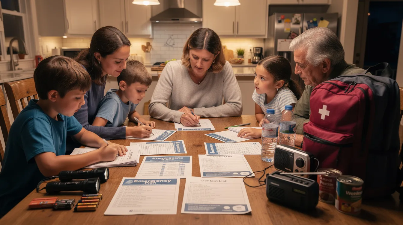 A family gathers around a kitchen table, reviewing important documents and emergency supplies in preparation for potential storm damage. They discuss safety measures like checking for downed power lines and ensuring their fire extinguisher is handy to prevent hazards like carbon monoxide poisoning or gas leaks.