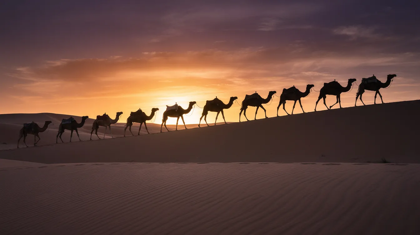 A silhouette of a camel caravan crosses the sand dunes of the Sahara Desert at sunset, with a stunning orange and purple sky illuminating the scene. This picturesque moment reflects the mild winter weather typical of Morocco in December, making it an ideal time for desert adventures and exploring the country's scenic landscapes.