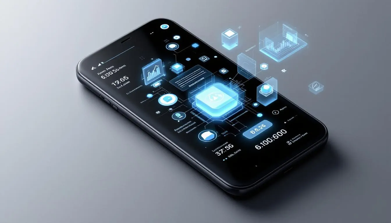 <alt text> Een modern smartphone met een futuristische augmented reality (AR) interface, waarin verschillende applicaties en functionaliteiten worden weergegeven. De interface toont interactieve elementen die gebruikers helpen om toegang te krijgen tot verschillende soorten apps via de Google Play Store en andere platformen. </alt text>