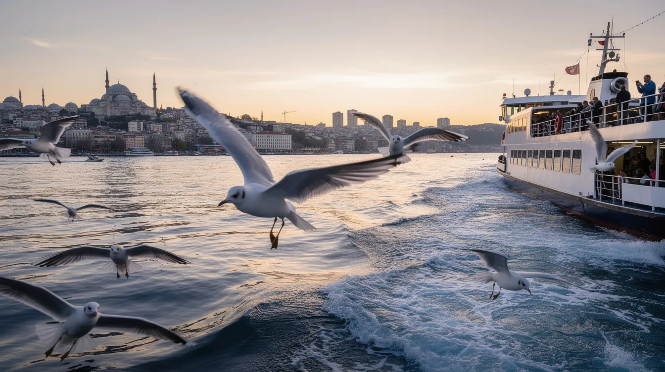 Gaviotas vuelan sobre un ferry que navega por el estrecho del Bósforo, con la ciudad de Estambul y su icónico puente del Bósforo visible al fondo, mientras el sol se pone en el horizonte. Esta escena captura la belleza de un crucero por el Bósforo, rodeado de vistas impresionantes.