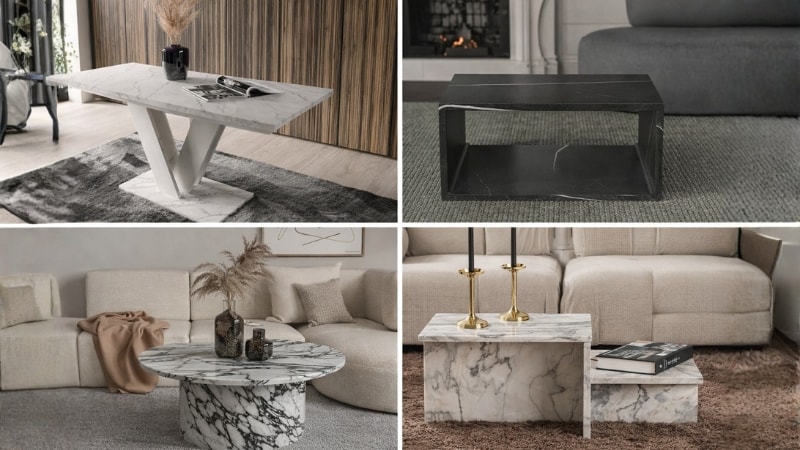 Marble grain vinyl applied for premium look on living room's table