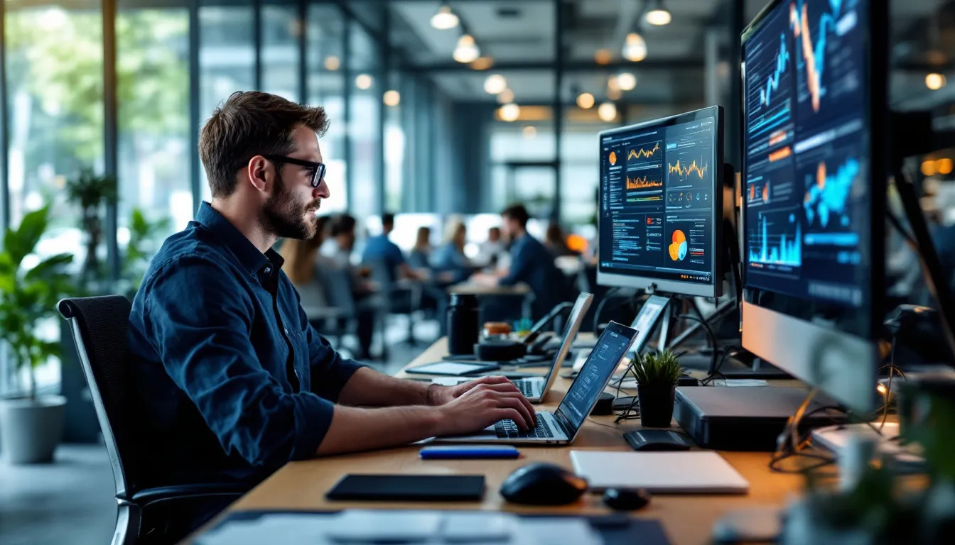 Das Bild zeigt eine Gruppe von Menschen, darunter Lehrkräfte und Führungskräfte, die gemeinsam an einem Tisch sitzen und über den Einsatz von künstlicher Intelligenz (KI) in der Schule diskutieren. Auf dem Tisch liegen Artikel und Bücher, die sich mit den Möglichkeiten der Leistungsbewertung und der Entwicklung von Schülerleistungen durch KI-Technologien befassen.