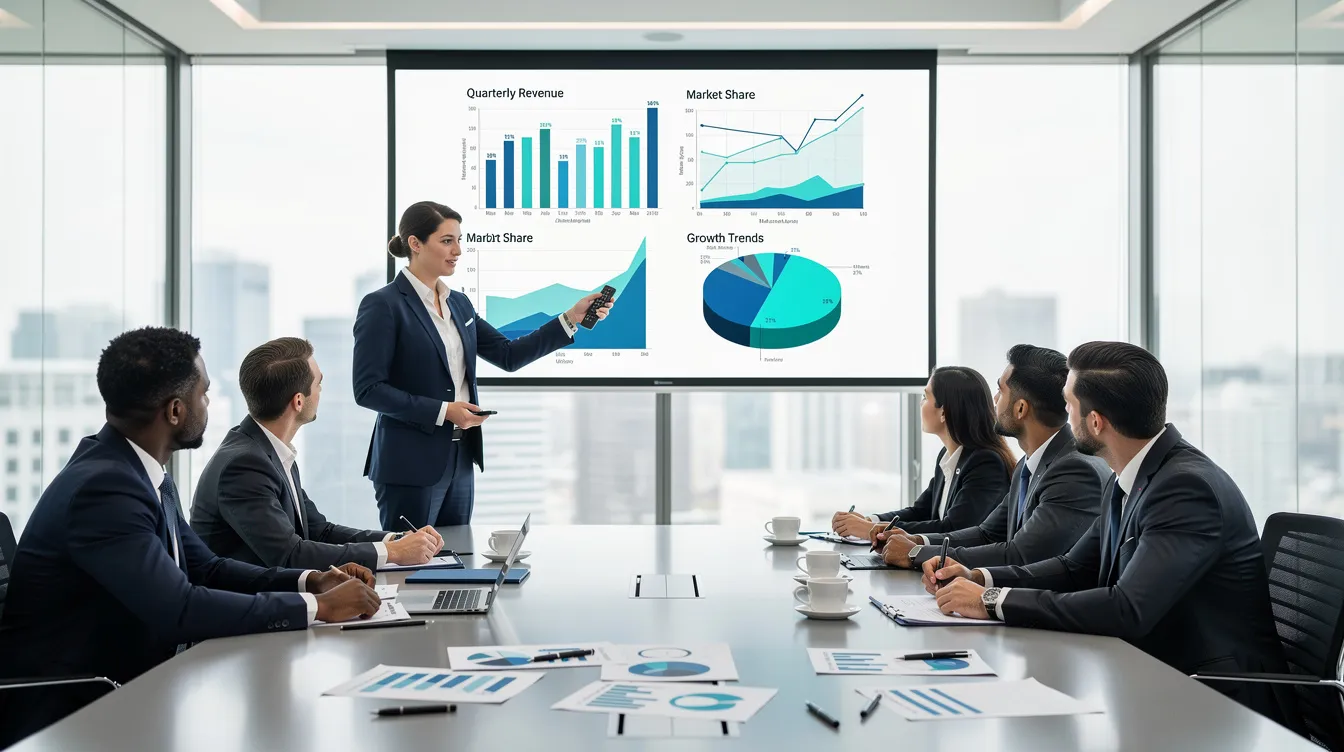 The image depicts a group of business professionals engaged in a meeting room, intently looking at projected data visualization charts, including bar charts and pie charts, which convey key metrics and insights necessary for informed decision-making. The atmosphere suggests a focus on analyzing complex data and trends to enhance project management and business intelligence.