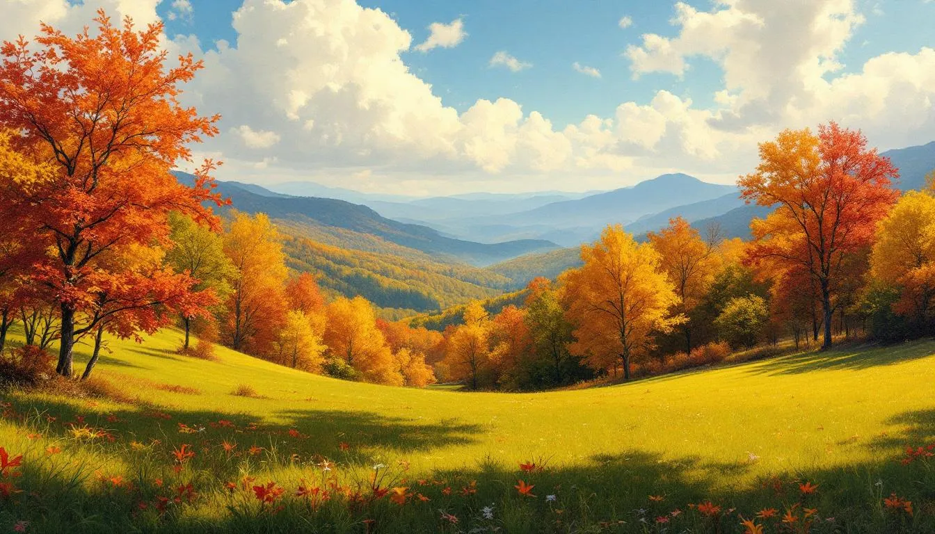 Vibrant fall foliage during peak leaf season in the Blue Ridge Mountains near Sky Meadows.