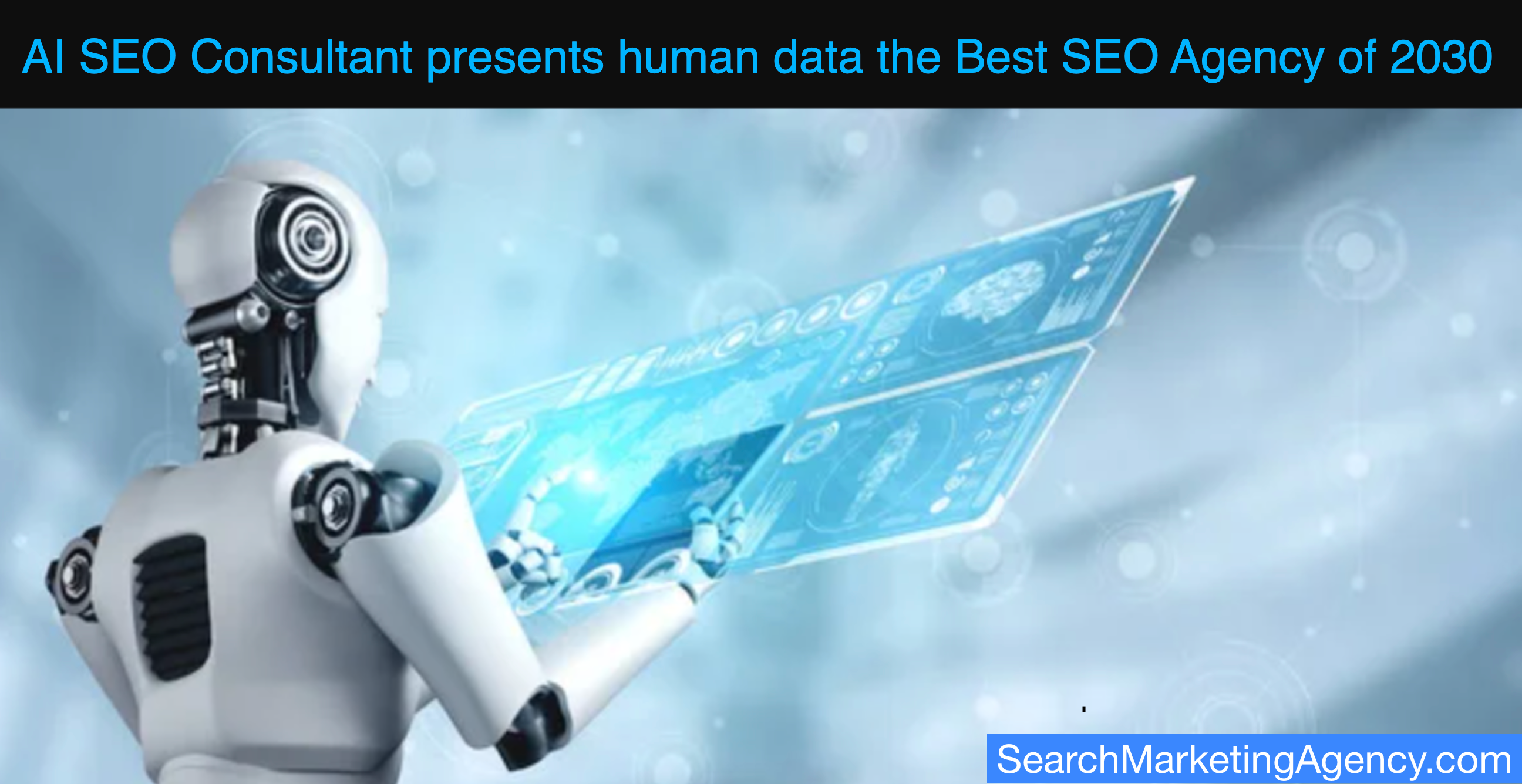 Ai robot using a futuristic laptop to present seo reports to search marketing agency