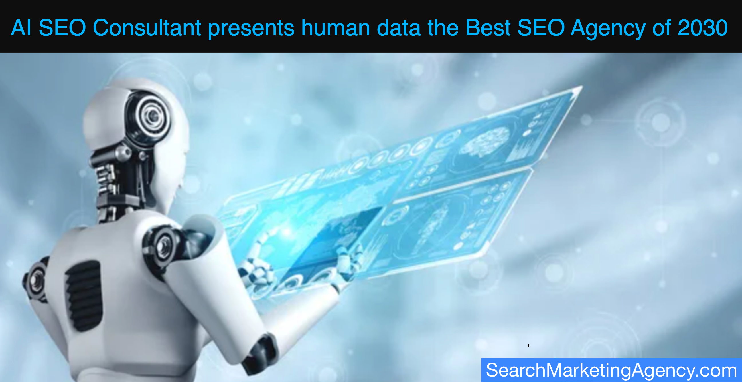 AI Robot using a futuristic laptop to present SEO reports to Search Marketing Agency