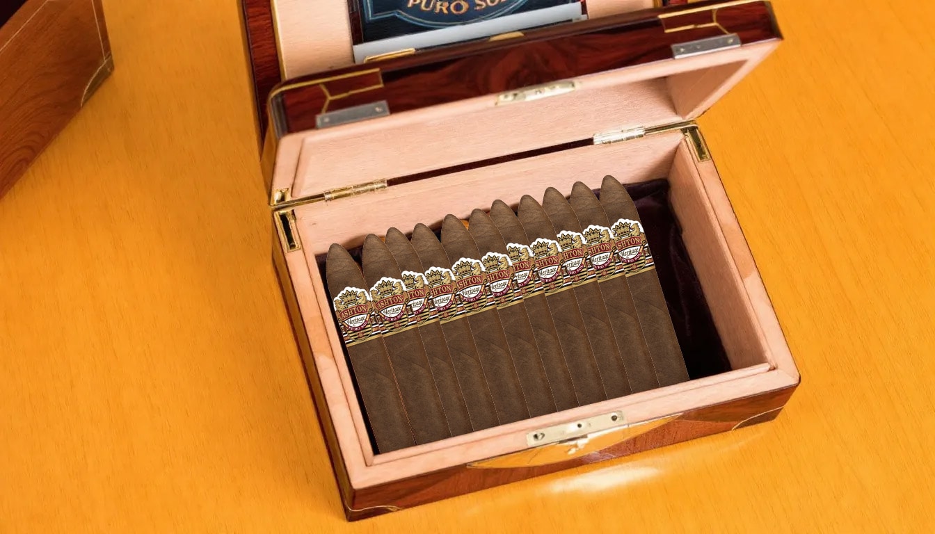 An assortment of Ashton Heritage Puro Sol cigars displayed in a humidor.