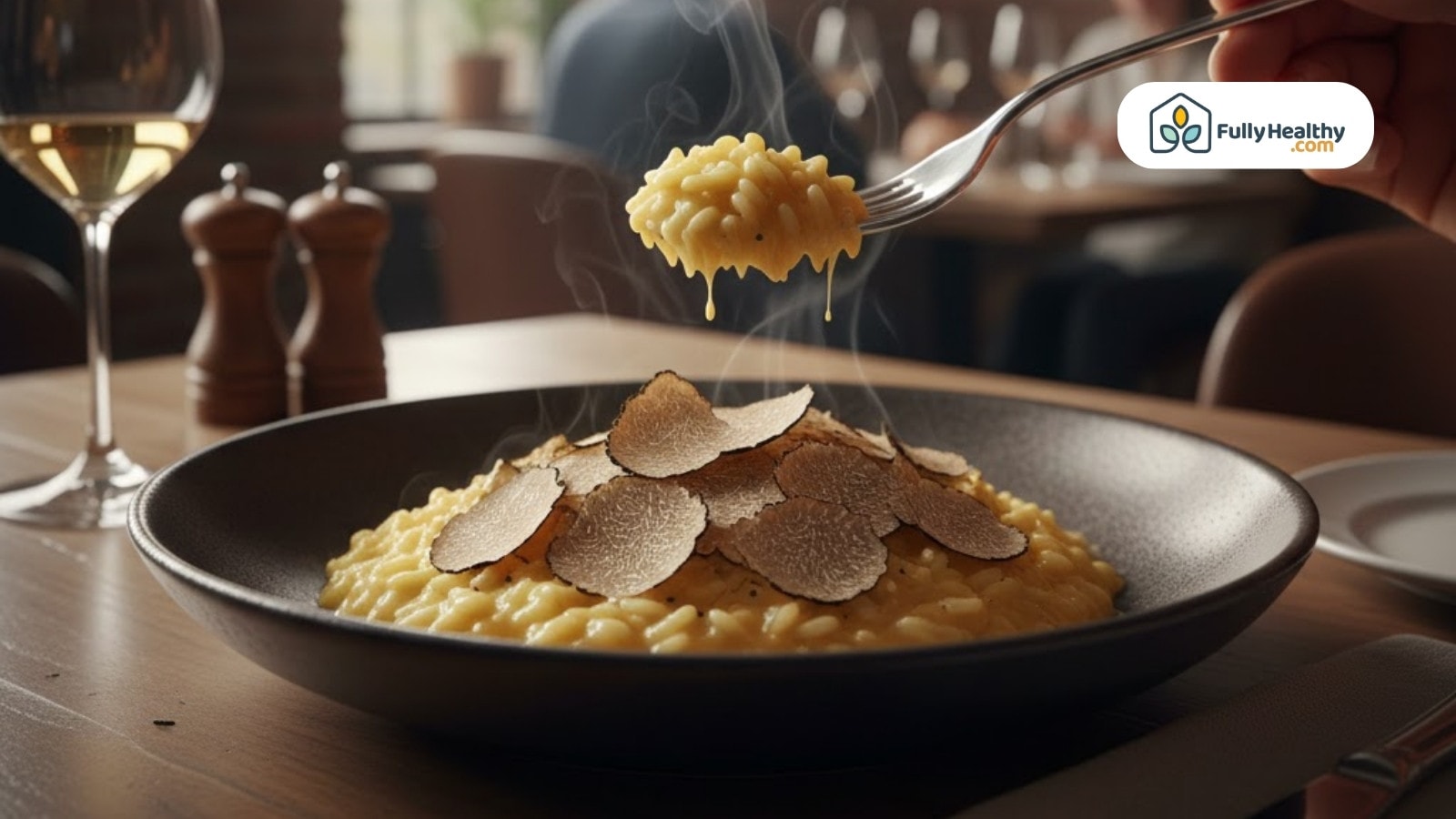 Fork lifting truffle risotto topped with shaved truffles
