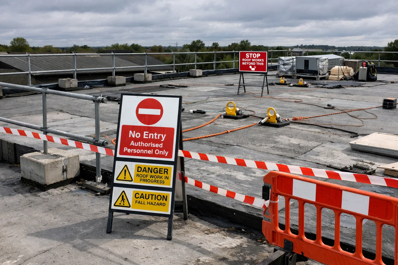 Health and safety measures in place on a UK commercial roofing project including edge protection and access control.