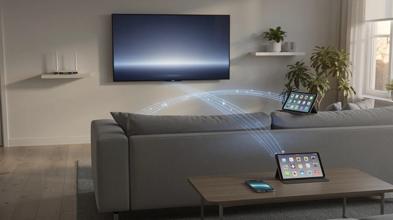Das Bild zeigt ein modernes Wohnzimmer mit einem Smart-TV an der Wand, einem WLAN-Router auf einem Regal und einem Tablet auf der Couch, während ein Smartphone auf dem Couchtisch liegt. Alle Geräte sind durch unsichtbare Datenströme verbunden, was die nahtlose Nutzung von Medieninhalten und das nonlineare Viewing von Serien und Programmen ermöglicht.