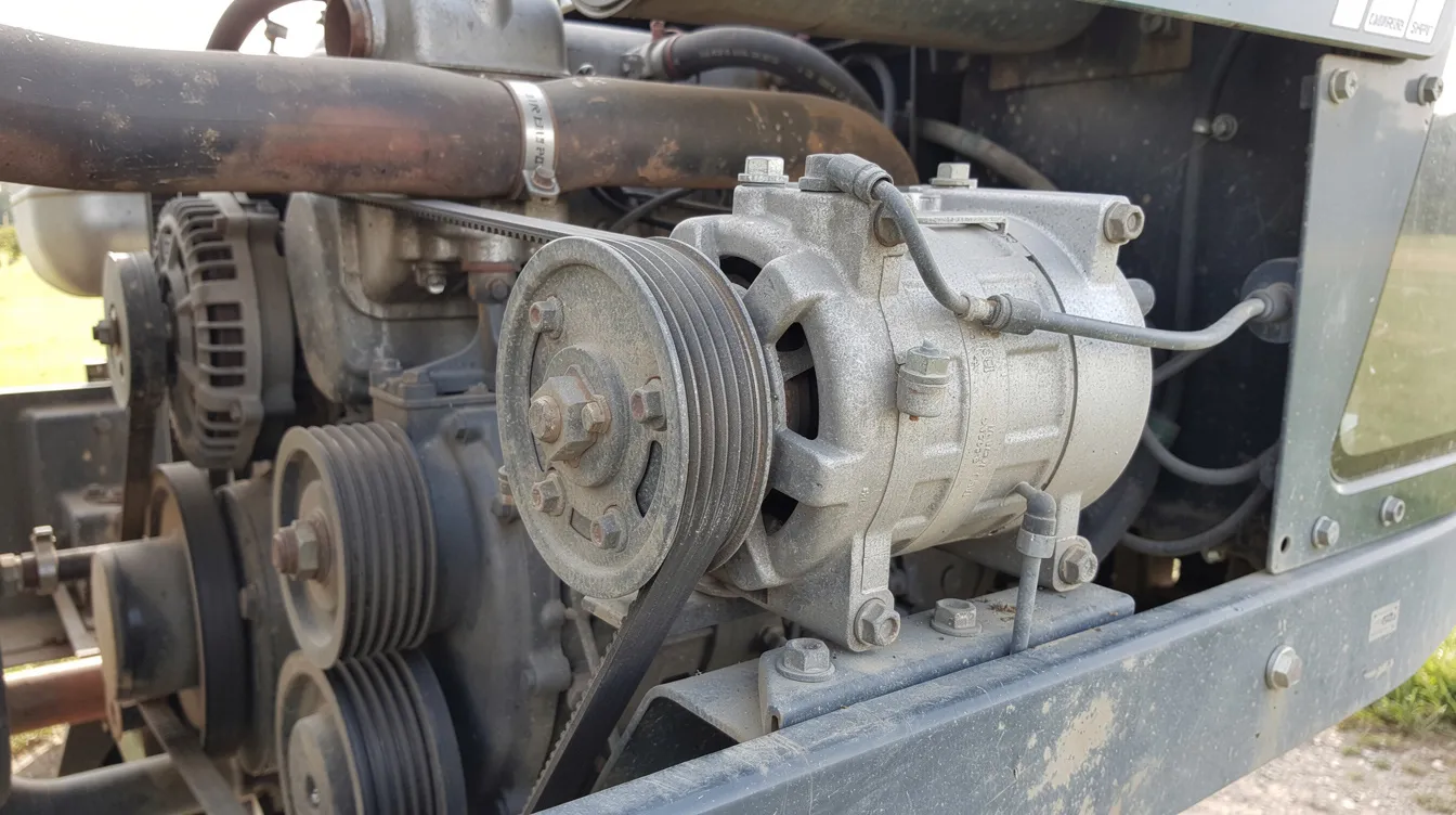 This close-up image shows the engine compartment of a tractor, highlighting the air conditioning compressor and belt system. The intricate components are essential for maintaining the tractor's air conditioning system, ensuring it stays cool and functional during operation.