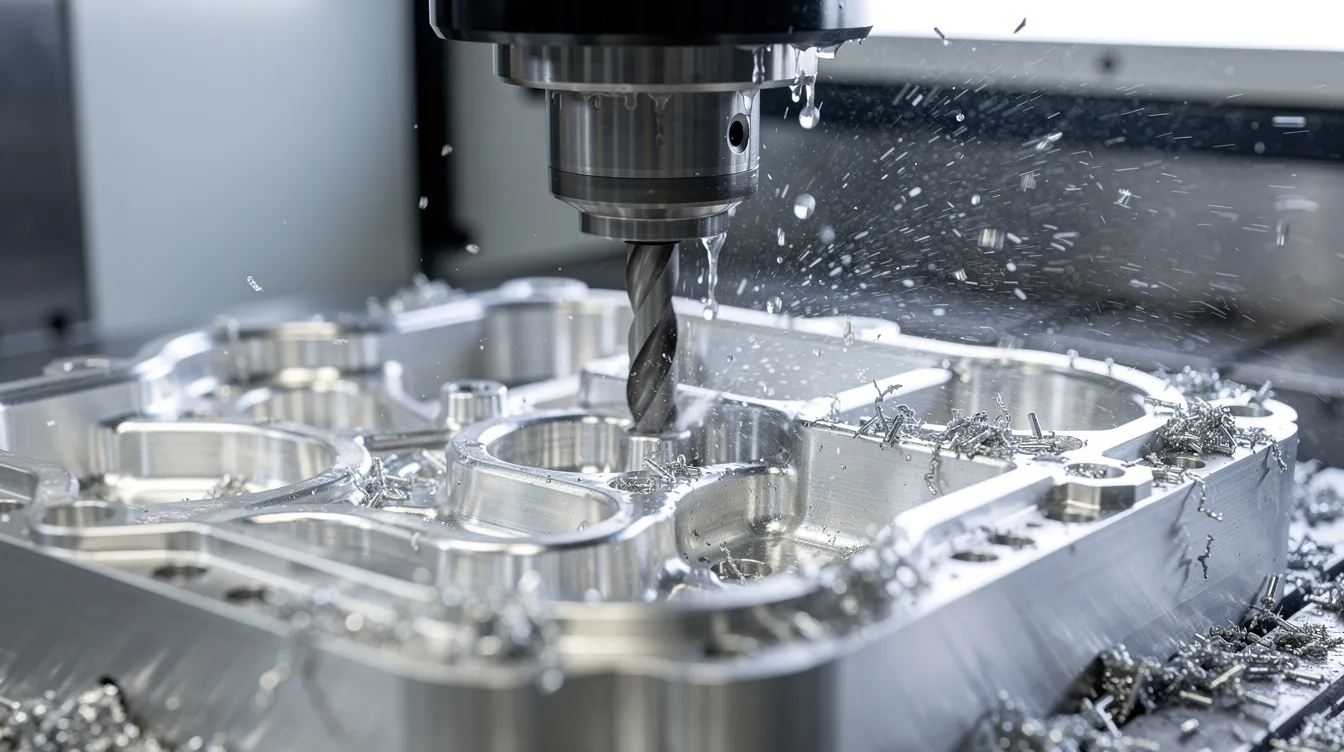 A close-up view of a CNC milling machine is shown, actively cutting a complex aluminum prototype part while a fine mist of coolant spray is visible. This image highlights advanced manufacturing technologies used in rapid prototyping services to create functional prototypes with high precision.