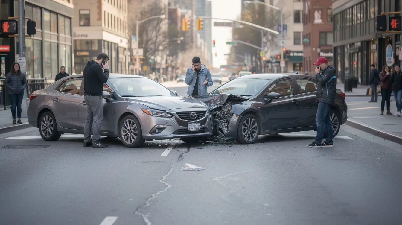 The image shows two cars involved in a minor rear-end collision on a city street, with visible damage to the rear of one vehicle and the front of the other. This scene highlights the importance of having adequate liability car insurance coverage to protect against potential medical expenses and property damage resulting from auto accidents.