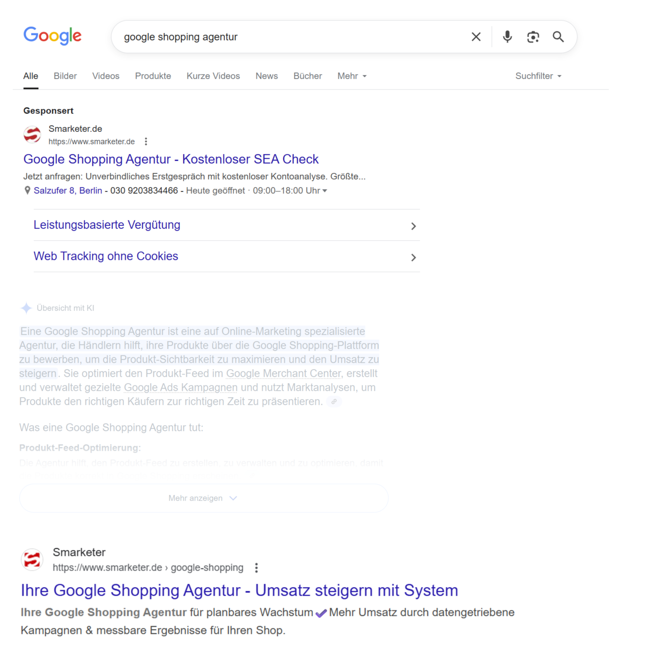 Screenshot Google SERP zum Unterschied SEO SEA
