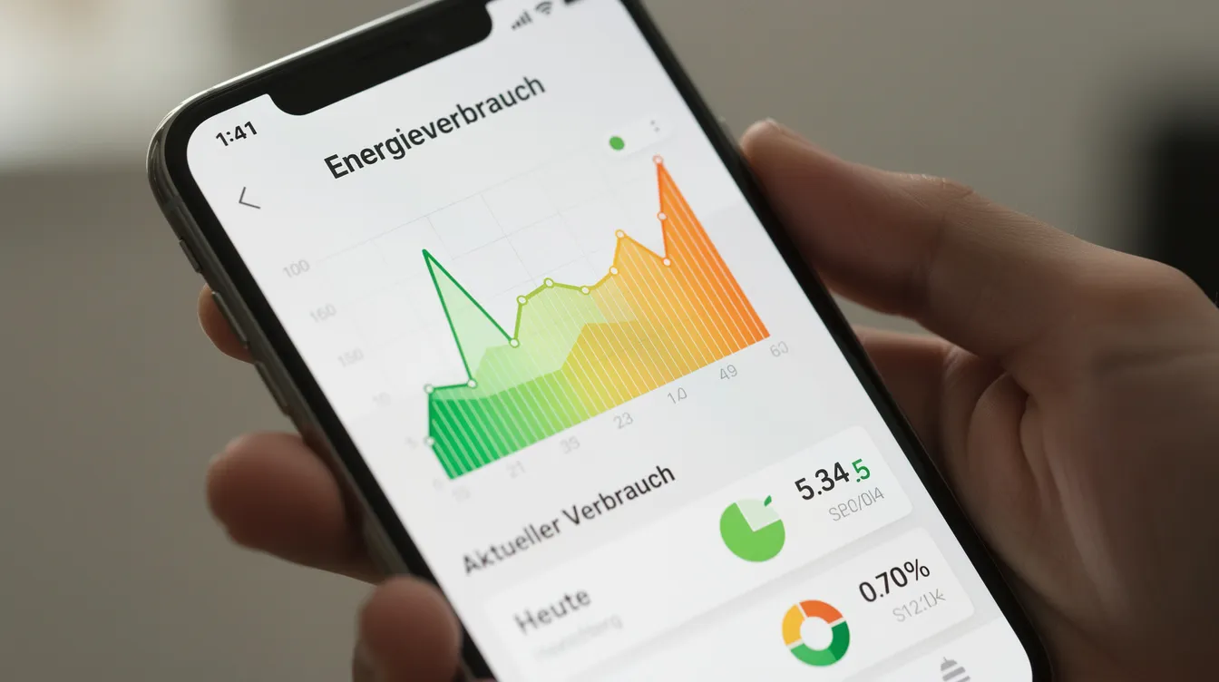 Das Bild zeigt ein Smartphone-Display, auf dem eine Energie-App geöffnet ist. In der App ist ein Verbrauchsdiagramm zu sehen, das die Daten zu Abschlägen und Zählerständen darstellt, während im Hintergrund die Optionen für den Login ins Kundenportal angezeigt werden.