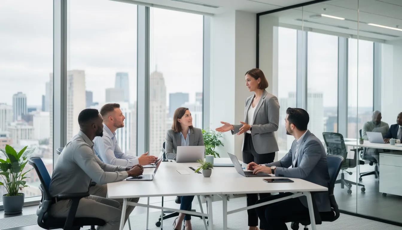 In a modern office setting, a diverse group of professionals, including corporate governance lawyers, engage in a discussion about key corporate governance matters affecting public and private companies. They focus on topics such as fiduciary duties, board diversity, and compliance programs while advising clients on effective risk management strategies.