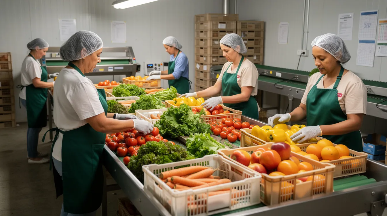 The image depicts workers in aprons sorting fresh fruits and vegetables at a small processing facility, highlighting the food processing industry's role in supporting local businesses. This scene illustrates a vital step in the agricultural sector, showcasing potential profitable business ideas that cater to market demand and contribute to economic growth.