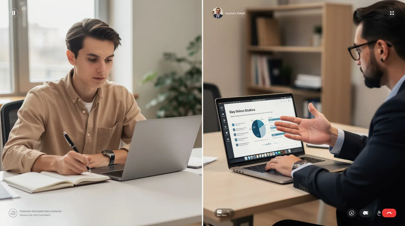 The image depicts two professionals engaged in a video call, with one person diligently taking notes while the other presents information from their screen. This scenario highlights effective delegation and communication skills, essential for small business owners looking to manage tasks and monitor progress efficiently.