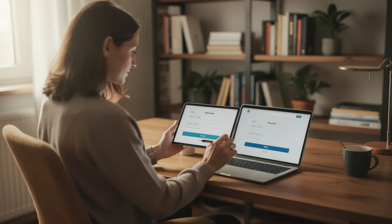 Na zdjęciu widoczna jest osoba siedząca przy biurku w domowym biurze, wypełniająca formularz online na tablecie. W tle znajdują się dokumenty dotyczące projektów budowlanych oraz zasady ochrony przeciwpożarowej, co sugeruje, że osoba może pracować nad wymaganiami związanymi z budową lub przebudową obiektu.