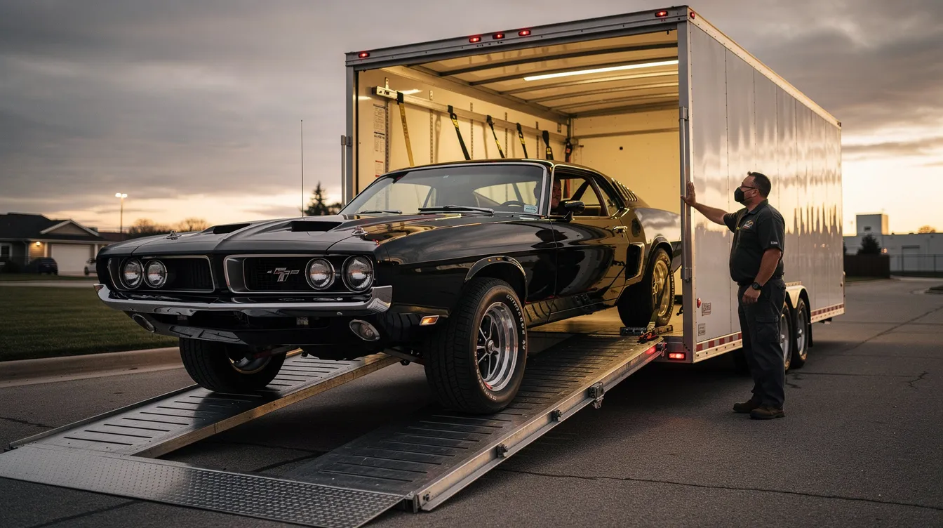 A classic muscle car is being carefully loaded onto an enclosed auto transport carrier, ensuring its safety during transit. This scene highlights the importance of reliable car shipping services, particularly for high-value vehicles in Fort Worth, Texas.
