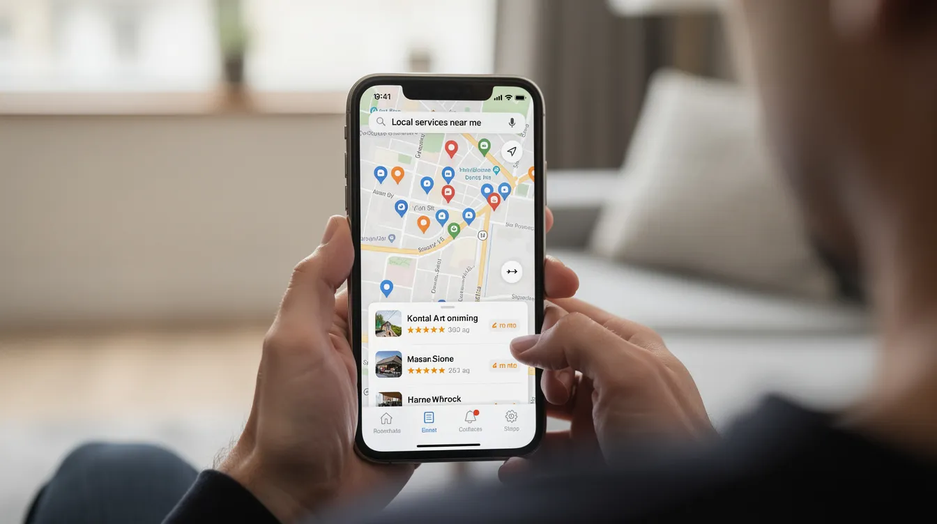 A person is holding a smartphone and looking at a map displaying various local services, illustrating the use of AI-powered search optimization to find nearby options. The image highlights the integration of traditional search engines with modern AI tools for enhanced search visibility and user experience.