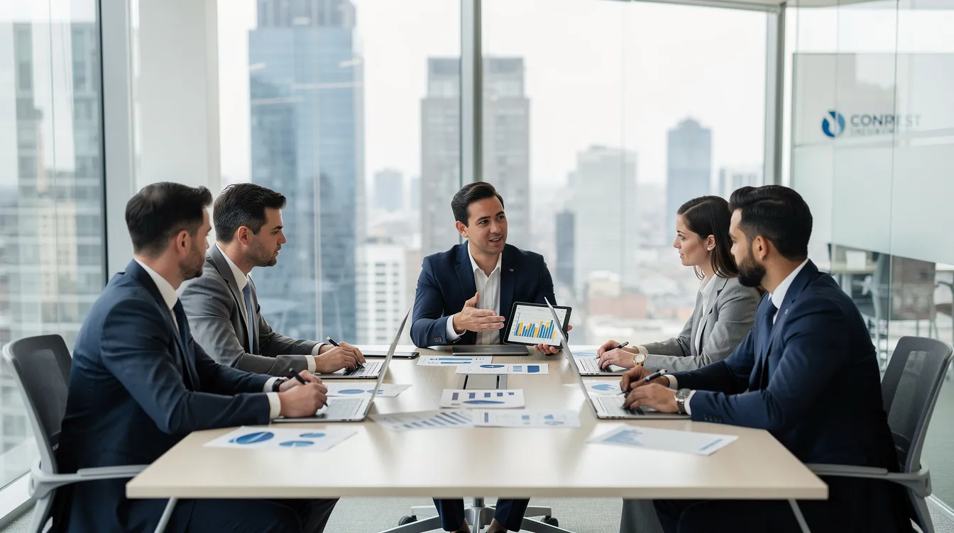 The image depicts a professional business consultation meeting in a modern office setting, where a diverse group of individuals is engaged in discussing strategic advice related to IT support for a growing business. The atmosphere suggests a focus on aligning technology with business objectives, highlighting the importance of reliable support and proactive monitoring to address emerging threats and operational priorities.