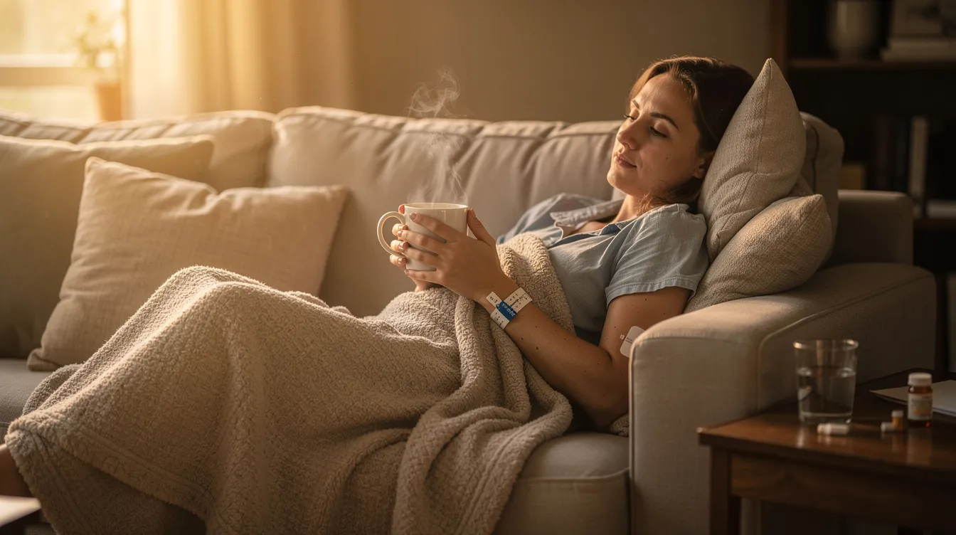 A person is comfortably resting at home, wrapped in a cozy blanket while holding a warm drink, reflecting a moment of relaxation after undergoing outpatient care, possibly related to issues like endometrial hyperplasia or abnormal uterine bleeding. The scene conveys a sense of calm and recovery, emphasizing self-care after medical procedures.