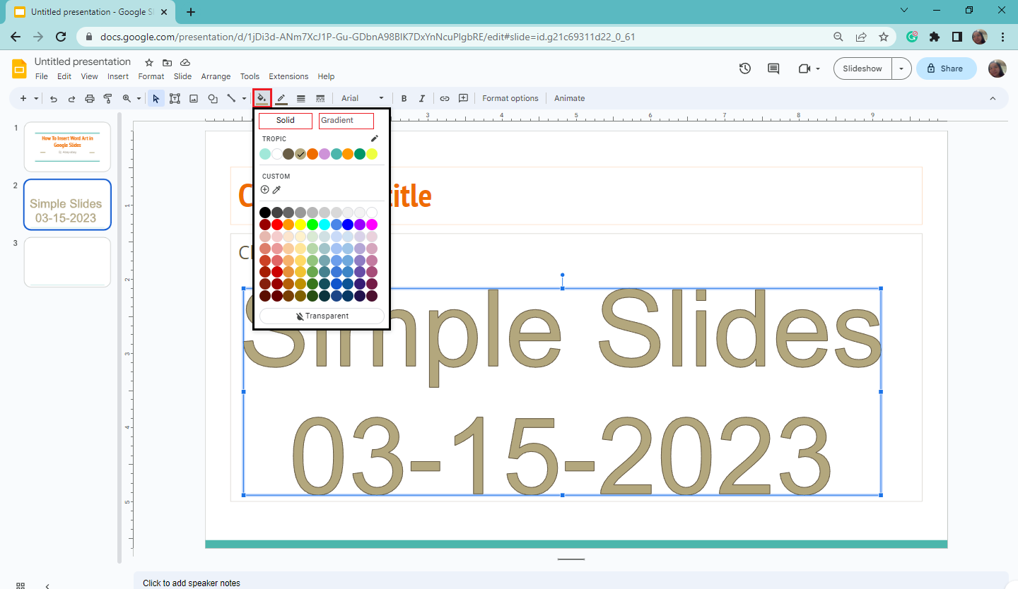 Select any color from the "Fill Color" from the toolbar menu.