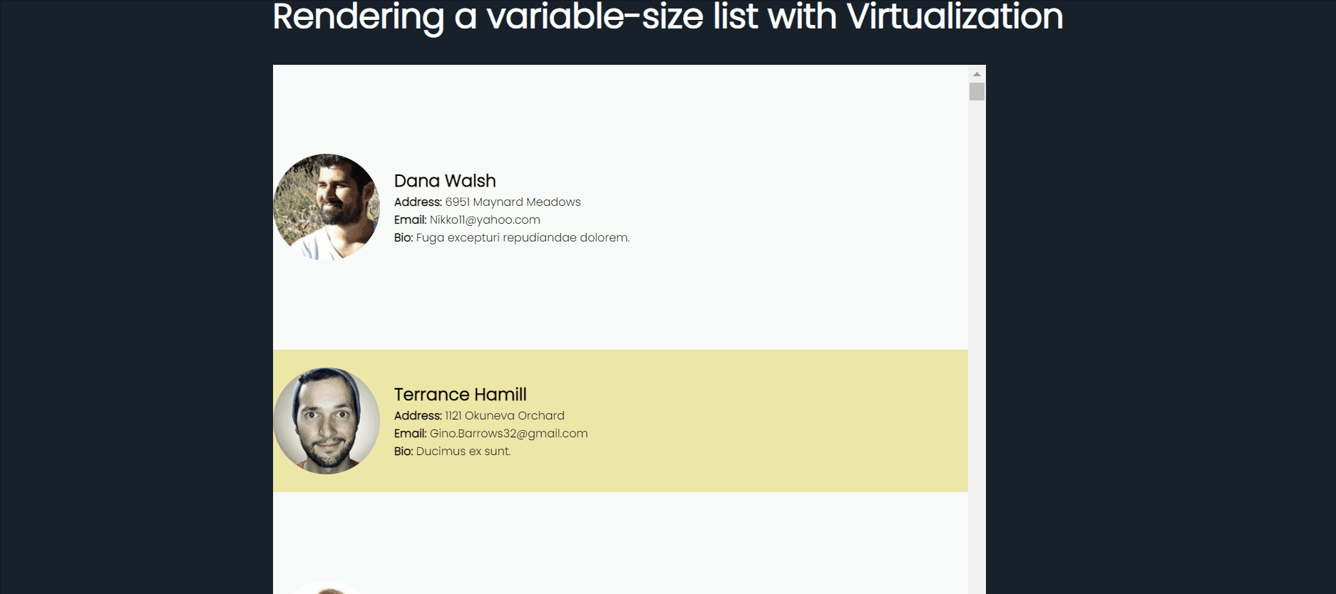 Rendering a variable-size list with virtualization