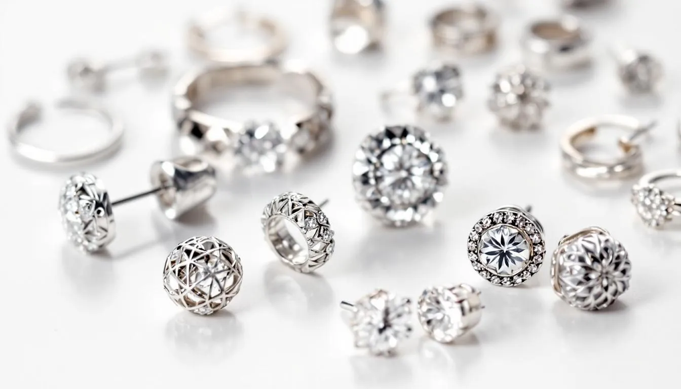 The image showcases a fantastic selection of 925 sterling silver earrings available in the UK, featuring a variety of styles including classic silver studs, elegant drop earrings, and trendy hoop earrings. The collection is perfect for gifting, with options that include sparkling crystals and colorful stones like amethyst and aquamarine, catering to diverse tastes and occasions.