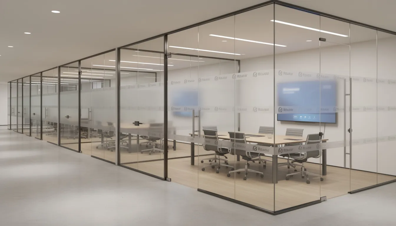 The image depicts an office floor featuring multiple glass conference rooms, each adorned with frosted window decals that display the company logo. The frosted glass surfaces create a semi-transparent effect, allowing natural light to filter through while maintaining privacy in the meeting spaces.