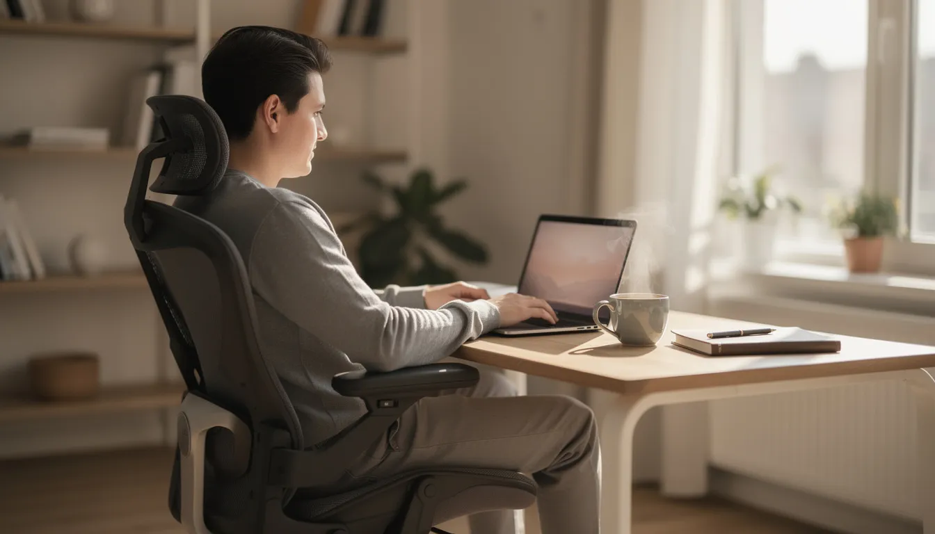 En person sitter vid ett hemmakontor med en laptop framför sig och en kaffekopp bredvid. På skärmen kan man se en webbsida med information om utländska casinon, vilket tyder på att personen kanske är intresserad av att spela på casino utan svensk licens.