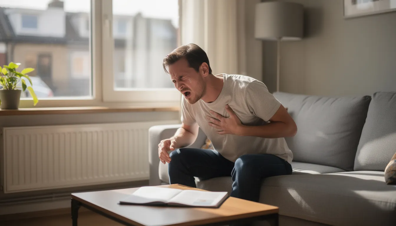 The image depicts a person sitting near a window in a living room, appearing to struggle with breathing difficulties, which may indicate symptoms related to mold exposure. Signs of mold toxicity, such as chest tightness and throat irritation, can lead to respiratory issues and other health concerns in indoor environments.
