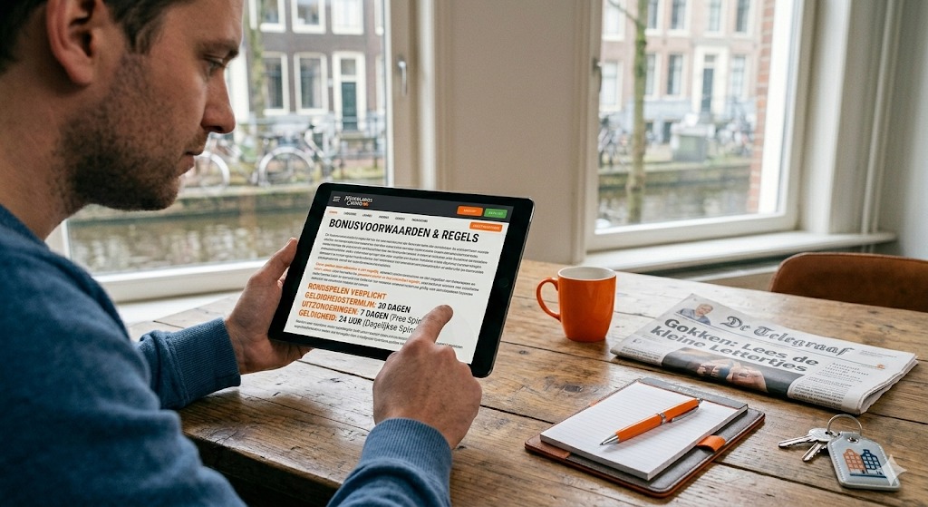 Speler leest bonusvoorwaarden van een casino bonus zonder storting op tablet – uitleg over no deposit bonus, maximale winst, geldigheid en voorwaarden voor bonus claimen bij legaal Nederlands casino.