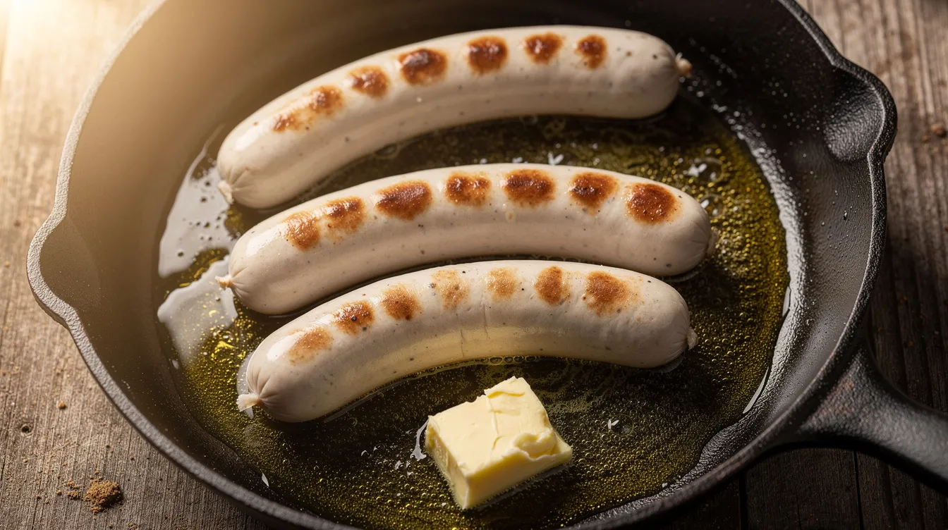 Auf dem Bild sind mehrere schlesische Weißwürste in einer gusseisernen Pfanne zu sehen, die eine goldbraune Oberfläche aufweisen. Ein Stück Butter schmilzt daneben und sorgt für zusätzlichen Geschmack und Genuss.