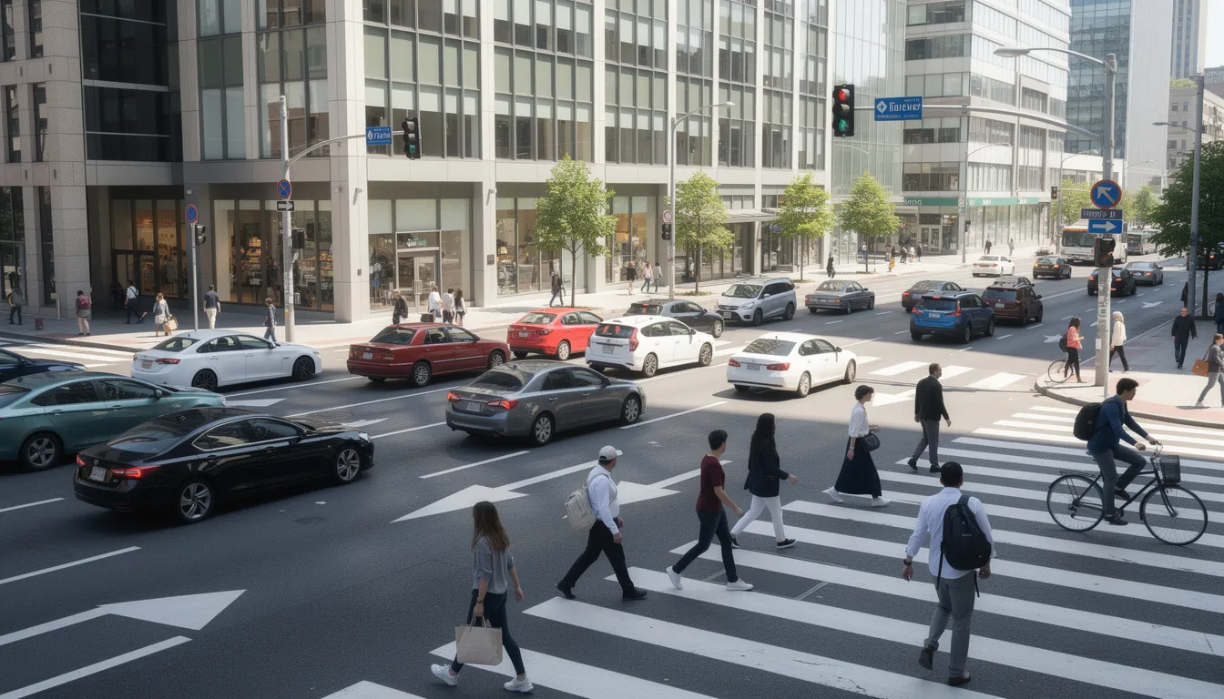 The image depicts a bustling city street intersection filled with numerous cars and pedestrians navigating through the traffic. This scene highlights the importance of having adequate insurance coverage, such as uninsured motorist coverage, to protect against potential accidents involving uninsured drivers.