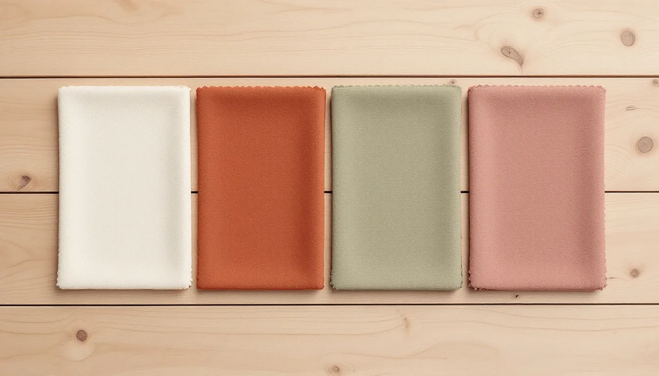 The image showcases a coastal color palette display featuring warm whites, terracotta, sage green, and dusty rose fabric swatches, all beautifully arranged on a natural wood surface. This stylish combination offers inspiration for casual outfits, perfect for fall and summer wardrobes.