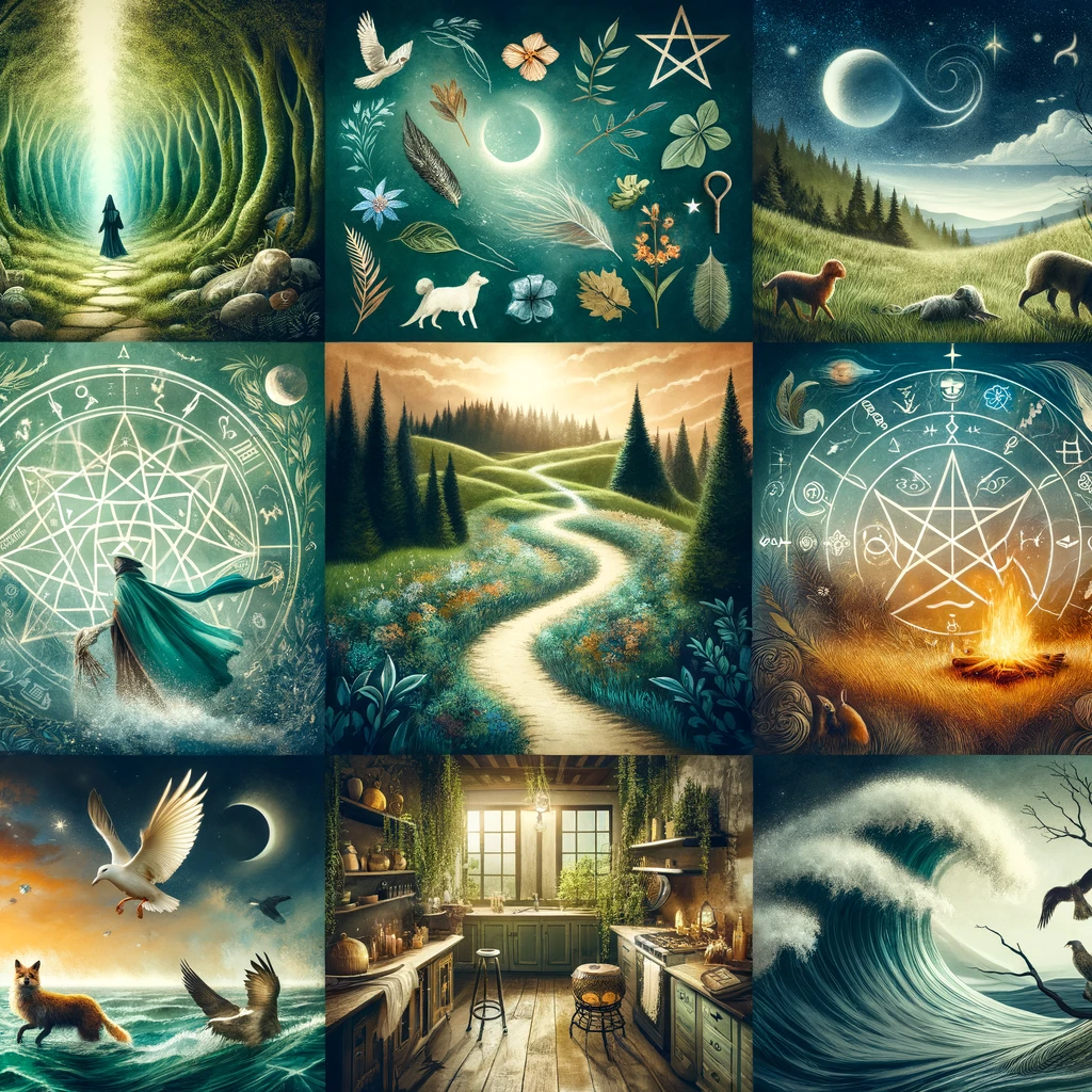  a green forest, a cozy kitchen, ocean waves, animal imagery, and a starry night sky, all seamlessly blended