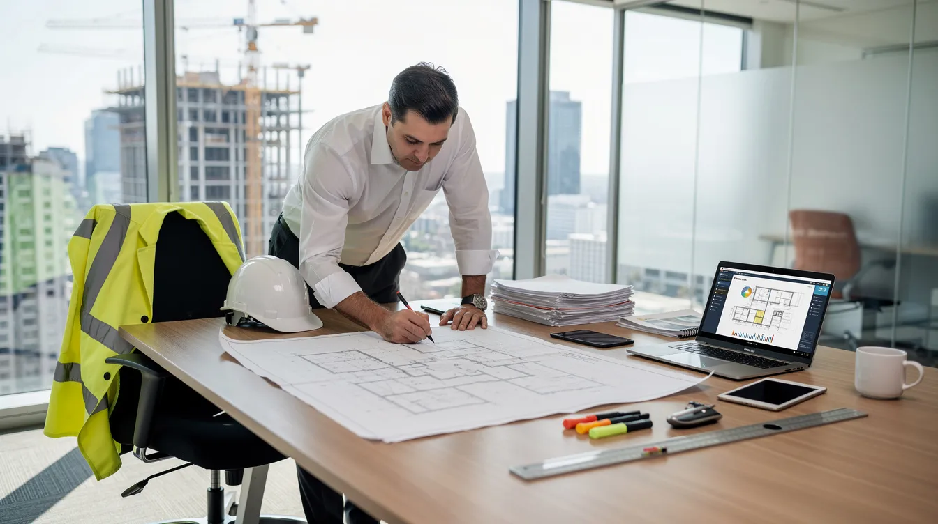 A construction project manager is seated at a modern office desk, meticulously reviewing plans and documents related to construction projects. The image emphasizes the importance of informed decisions in managing labor shortages, material costs, and overall profitability in the construction industry.