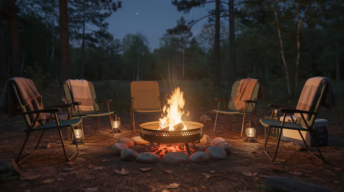 The image shows a small fire pit with bright flames burning at a campsite, surrounded by several camping chairs, creating a cozy atmosphere for gathering and cooking. This compact fire pit is perfect for outdoor adventures and enhances the camping experience with warmth and light.