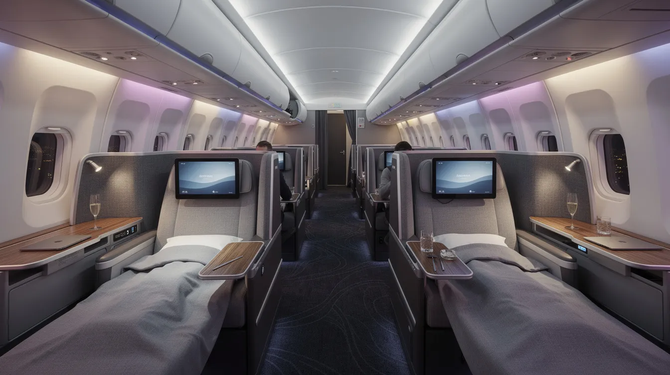 The image depicts the interior of a modern business class cabin on an airplane, featuring lie-flat seats and soft ambient lighting that creates a comfortable atmosphere for passengers. This luxurious space is designed to enhance the travel experience for those flying with airlines like United or Continental, providing top-notch services and amenities.