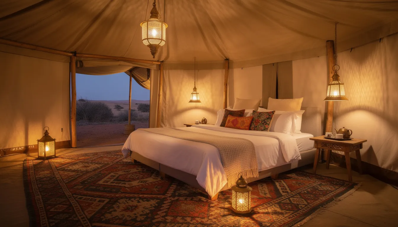 The image depicts the interior of a luxury tent designed in traditional Moroccan style, featuring rich Moroccan rugs and a spacious bed adorned with crisp white linens, illuminated by soft lantern lighting. This elegant setup is perfect for a glamping experience in the Sahara Desert, offering a cozy and inviting atmosphere amidst the stunning landscapes of southern Morocco.