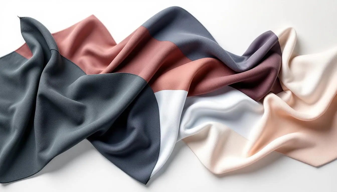 A display of various spandex fabrics available for purchase, showing their textures and colors.