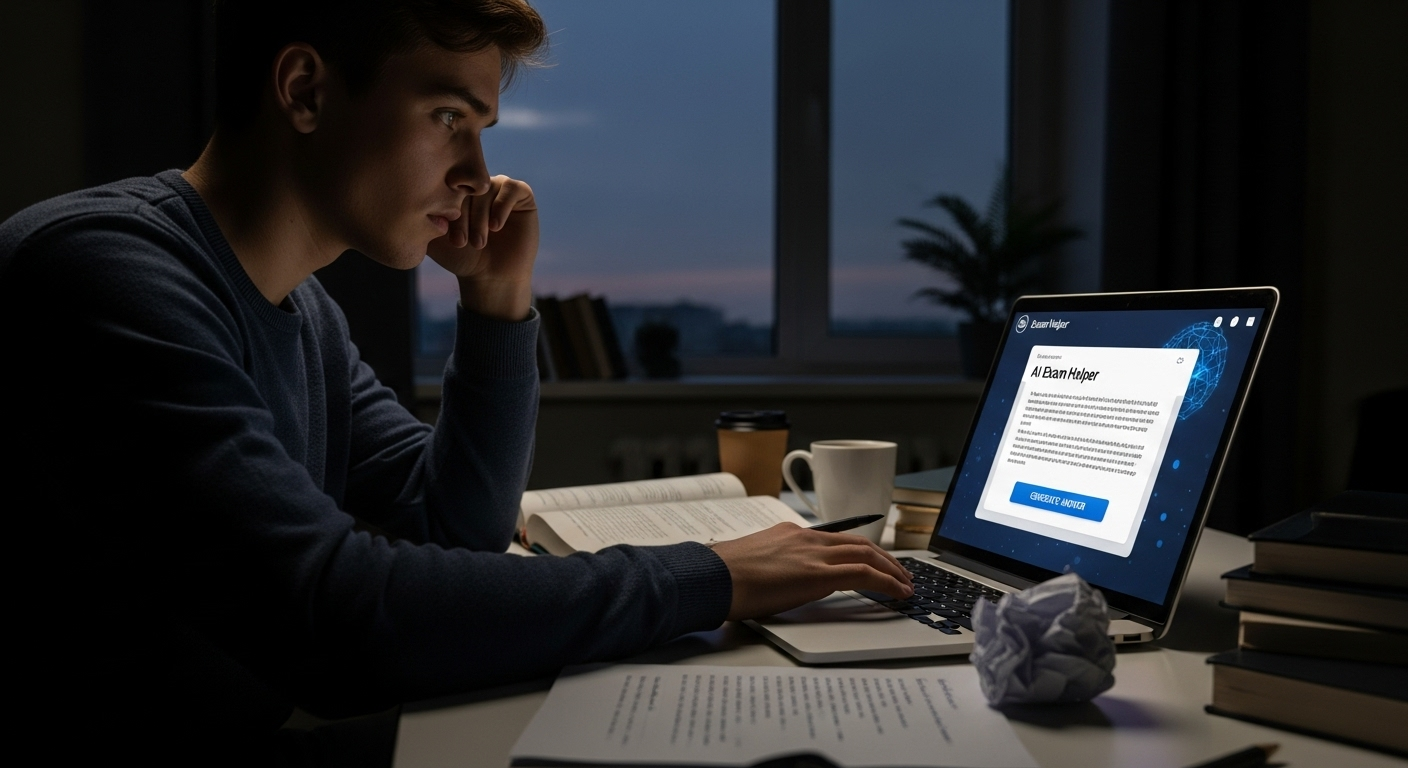 Student hesitating before using AI exam helper, reflecting concerns about academic integrity and learning.