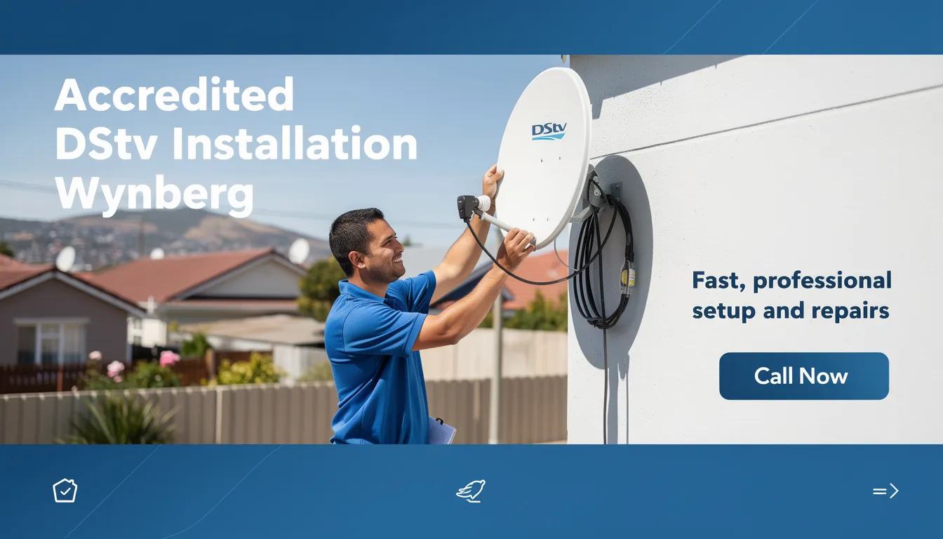 The image showcases a professional DStv installer in Wynberg, equipped with tools and a satellite dish, ready to provide efficient DStv installation services. The technician is focused on ensuring the best reception and addressing any signal problems for customer satisfaction.