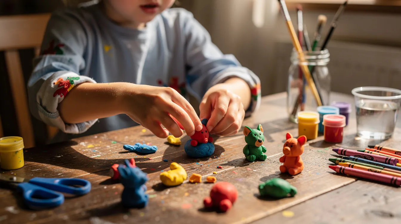 A child's hands are actively shaping colorful clay figures on a wooden table, surrounded by various art supplies, showcasing the benefits of hands-on learning in early childhood education. This engaging activity fosters fine motor skills, problem-solving abilities, and encourages young learners to explore their creativity through experiential learning.