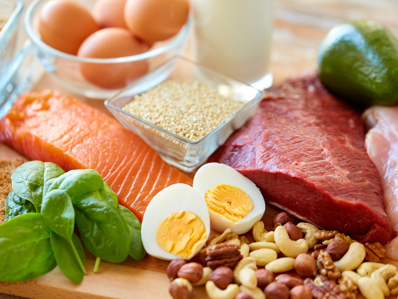 An image showing various high-protein foods.